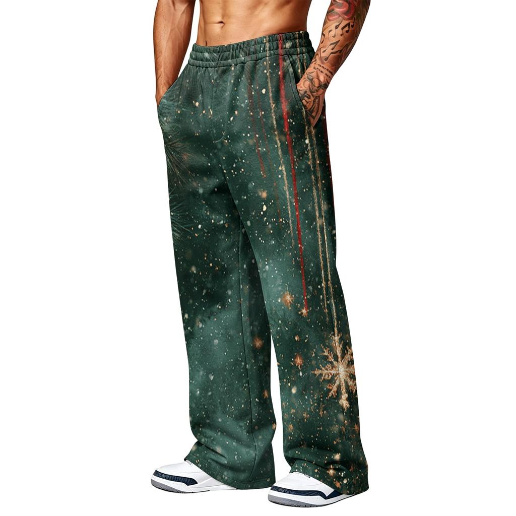 Men's Fashion Casual Loose Fit Wide Leg Christmas Print Sports Pants with Pockets