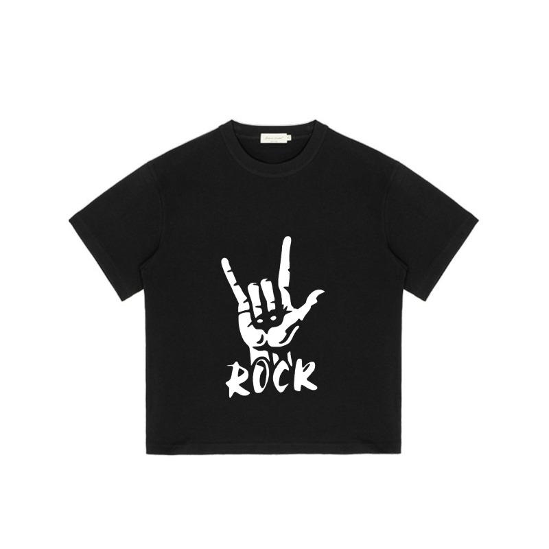 Black T Shirt With Rock Hand Sign And Rock Text Graphic For Casual Wear