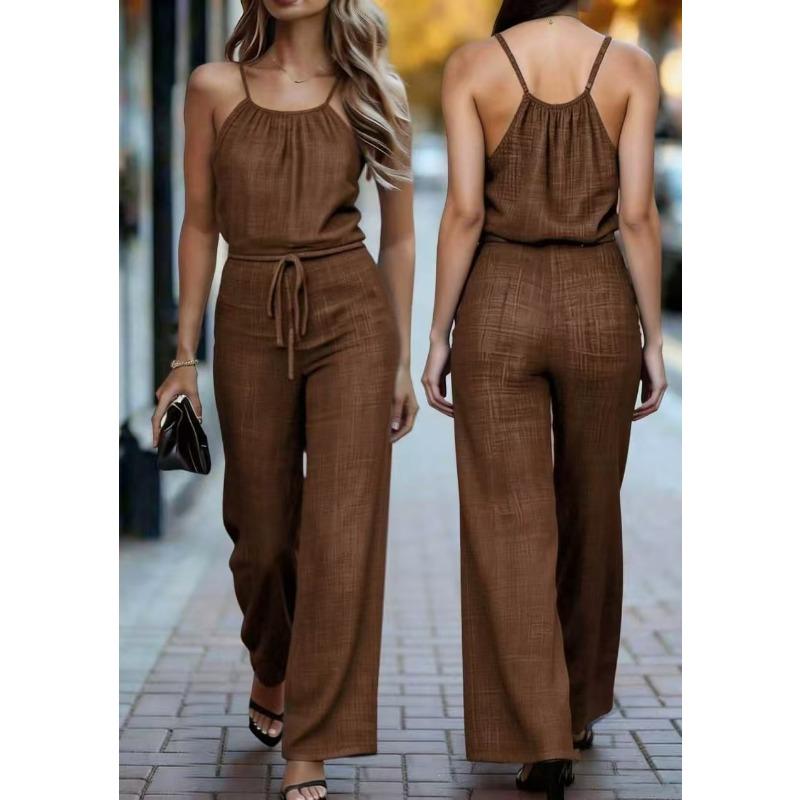Texture Suspender Dress with Waist-reducing Drawstring Design - Loose-fitting Wide-leg Casual Pants