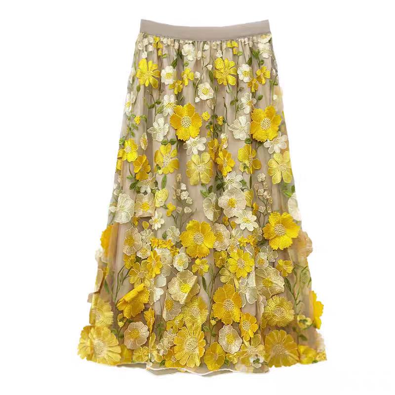 French Retro Embroidered Sunflower Lace High-Waisted Midi Skirt One Size жёлтый
