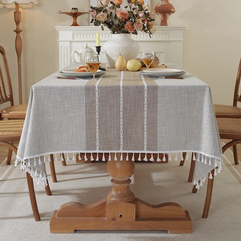 Nordic Style Cotton Linen Tablecloth With Fringe Tassels Woven Stripe Rectangular Dining Table Cover Christmas Home