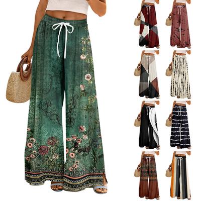 Women Summer Boho Palazzo Pants High Waist Wide Leg Floral Printing Casual Trousers With Pockets