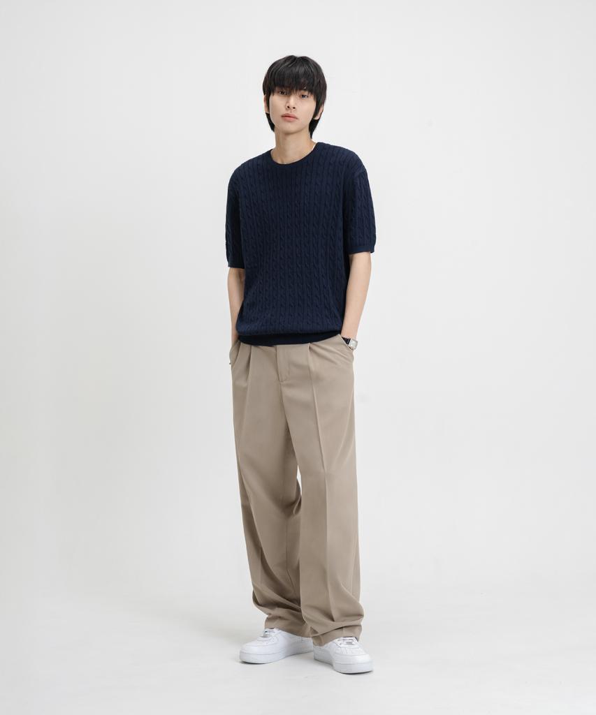 LEMAIN SECOND Oversized Washable Crew Neck Cable Short Sleeve Knit [Navy]