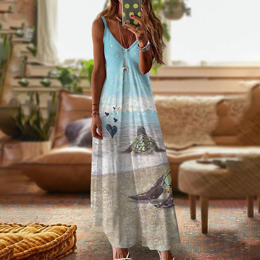 Fashion Womens Loose Summer Sexy Print V-neck Long Sleeveless Dress