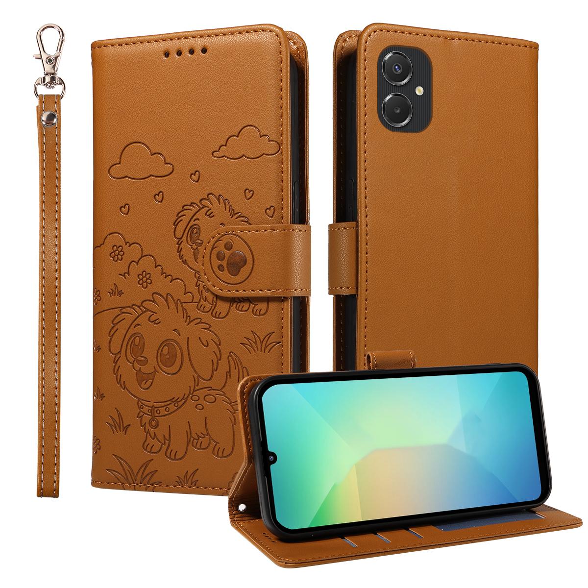 

For Samsung Galaxy A06 4G/A06 5G/F06 5G/M06 5G/A07 4G Case RFID Blocking Imprint Dog Pattern PU Leather Phone Cover with Wrist Strap Brown