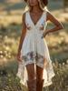 Boho-V-Ausschnitt Weißes Spitzen-Midikleid für Damen