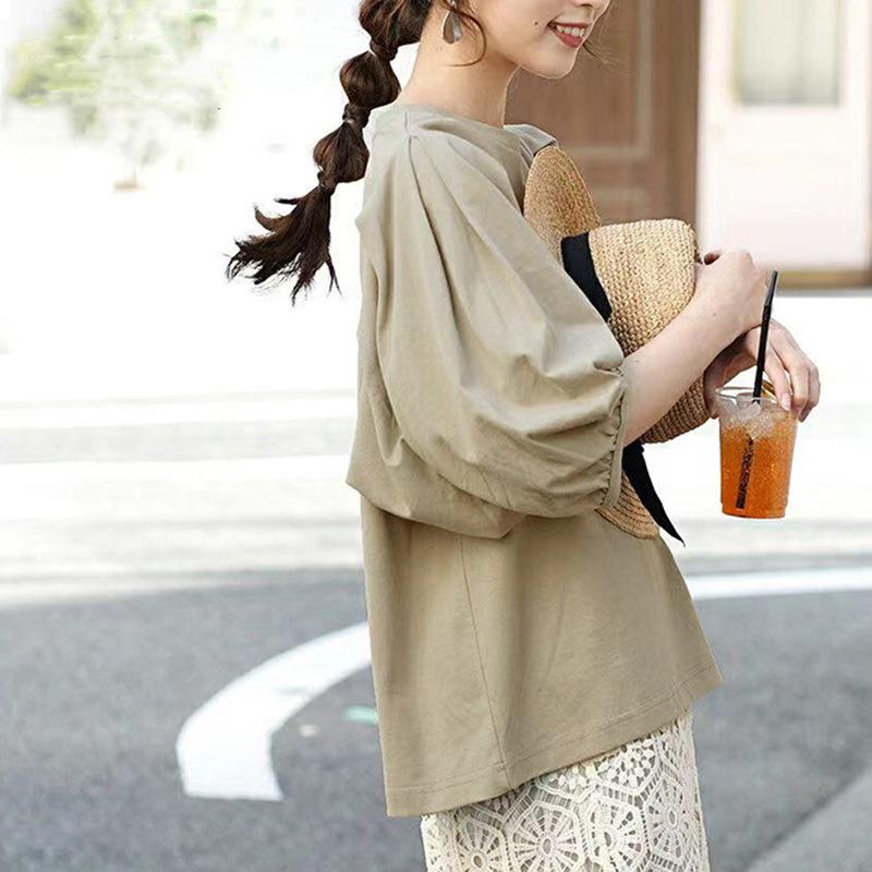 Early Autumn Japanese Womens Classic One Tone Simple Vintage Style Versatile Leisure Comfortable Fit Sleeves T-sleeves for Women