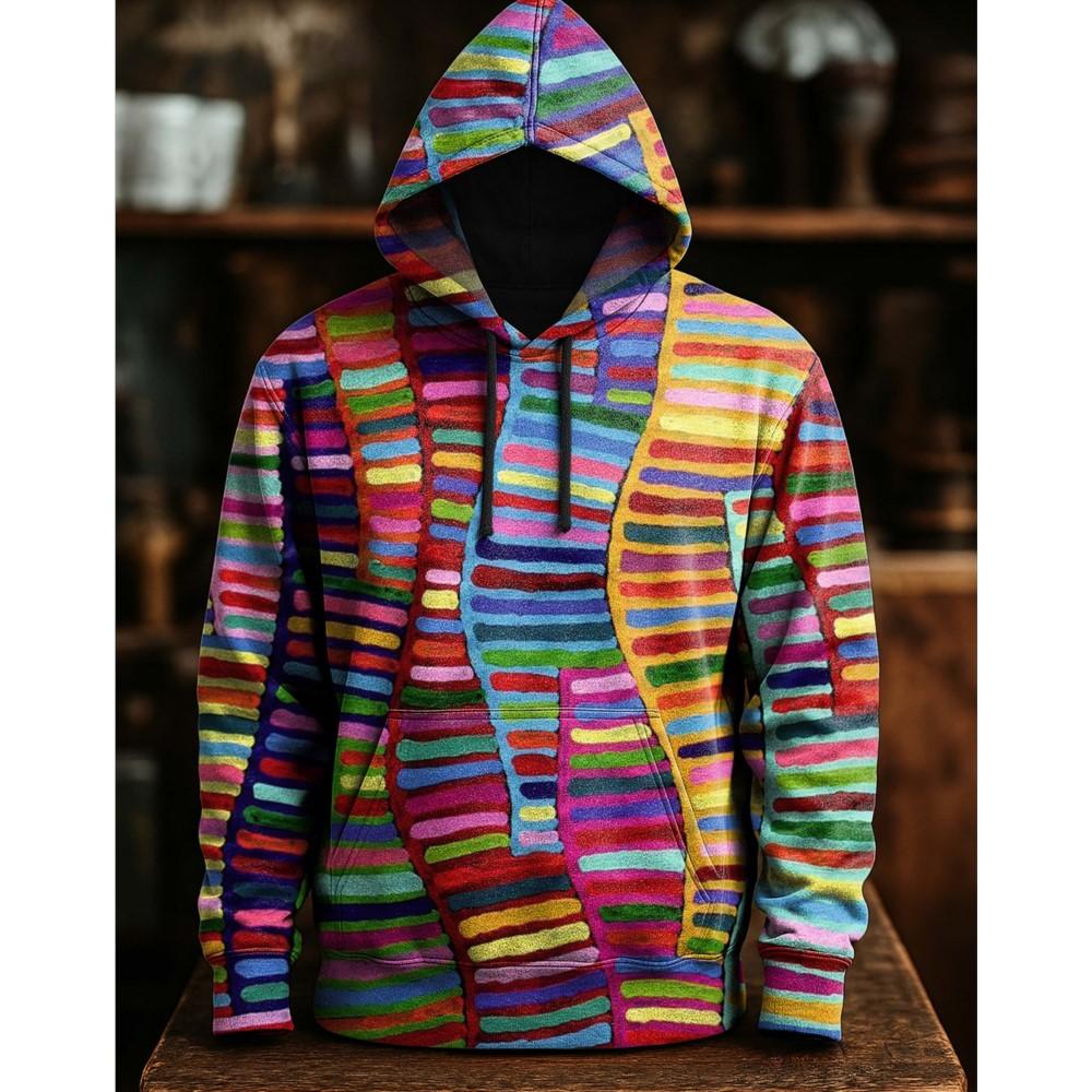 Men's Multicolor Art Print Hoodie, Irregular Graphic Pullover, Urban Streetwear Style, Fall Winter Comfort Wear