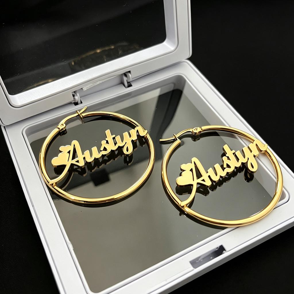 Personalized Name Hoop Earrings Custom Stainless Steel Nameplate Earrings 18k Gold Plated Letter Name Earrings Custom Gifts
