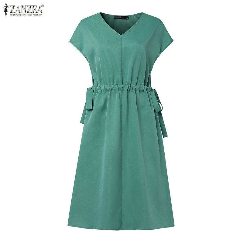 ZANZEA Women Casual V-Neck Loose Summer Short Sleeve Dress