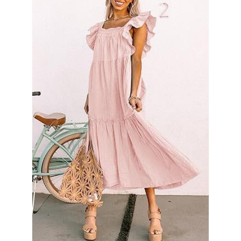 Summer Women's Dress Square Neck Short Sleeve Strapless Pleated Hem Dresses