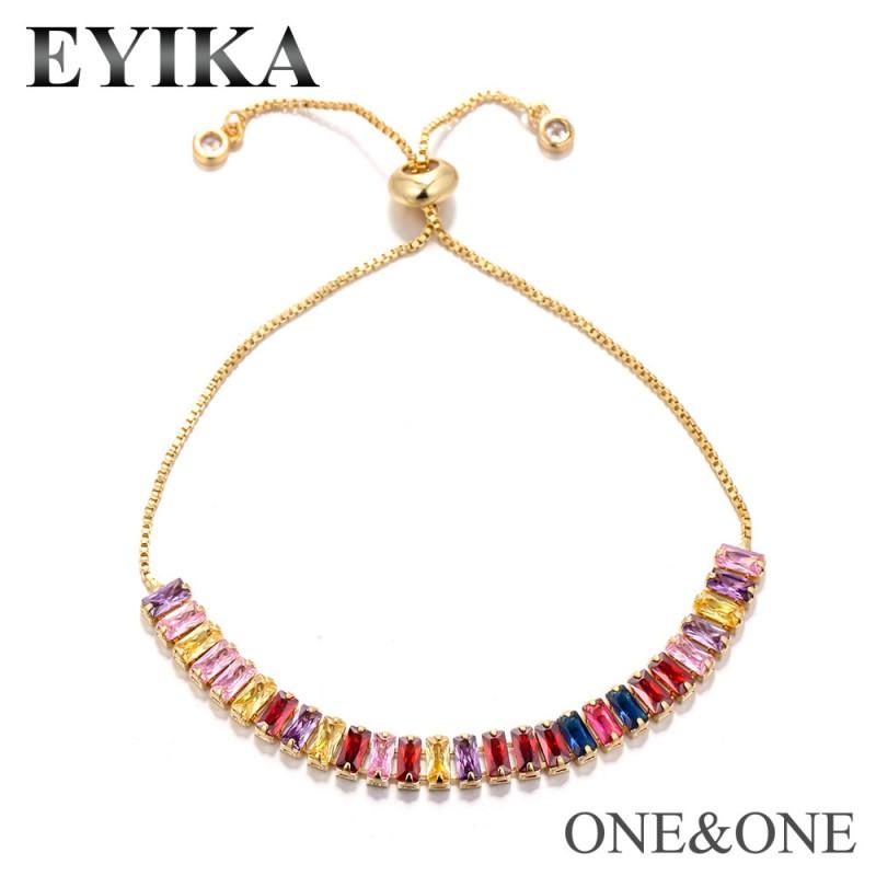 Adjustable Pull-String Zircon Bracelet Women 18K Gold Plated Copper With Multicolor Cubic Zirconia Geometric Design
