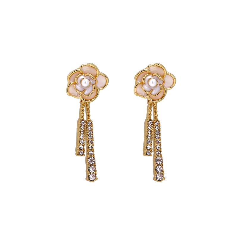 2024 Trendy Rhinestone Tassel Camellia Earrings for Women