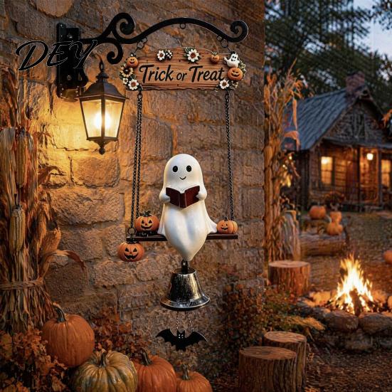 Halloween Hanging Bell Decoration Ghost Wind Chime Wall Hanging, Porch Yard Decor with Resin Metal Bell, Festive Vintage Farmhouse Ornament for Garden