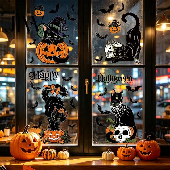 Seasonal Window Adsorption 4 Sheets Halloween Black Cat Clings, Spooky Pumpkin Reusable Sticker Sticker, Double Sided Static Decals for Glass
