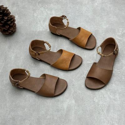 Madingi rudi moteriški batai karvės odos plokščiapadžiai laisvalaikio sandalai Vasariniai kaimiški retro retro stiliaus visiškai odiniai