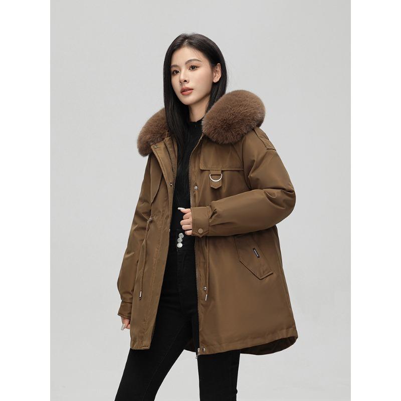 

Женская куртка с меховым воротником, капюшоном, съемной подкладкой, ветрозащитная, легкая, утолщенная, пушистая, теплая и холодостойкая, средней длины, повседневная, куртка-пирог на хлопковой подкладке XXXL темно-коричневого