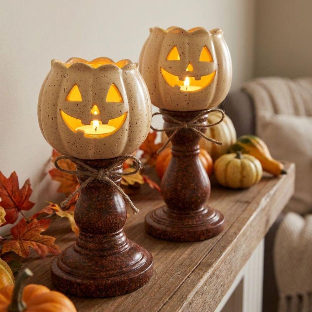 Antique Finish Pumpkin Candle Holder with Light Tealight Candle Holder Lamp Mantel Shelf Decor