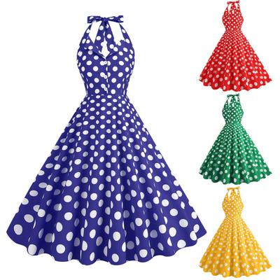 Abendkleid für Damen, Retro-Stil, farblich abgestimmt, Punktmuster, A-Linie, große Schaukel, Schnürung, rückenfrei, Neckholder, V-Ausschnitt, eng, hohe Taille, Knopfleiste, Party, Abschlussball, Midikleid