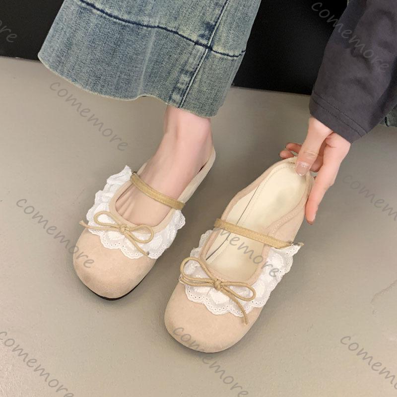 Fashion Comemore Summer New Women's Mary Jane Shoes Square Toe Flat Buckle Suede Lace Bowknot Gentle Sweet Mules Baotou Half Slippers