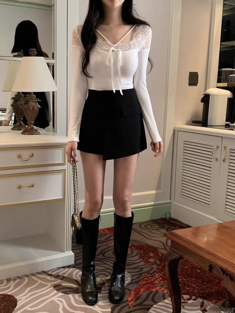 Korean Dongdaemun Women's Sexy Lace Spliced Slim Knit Sweater