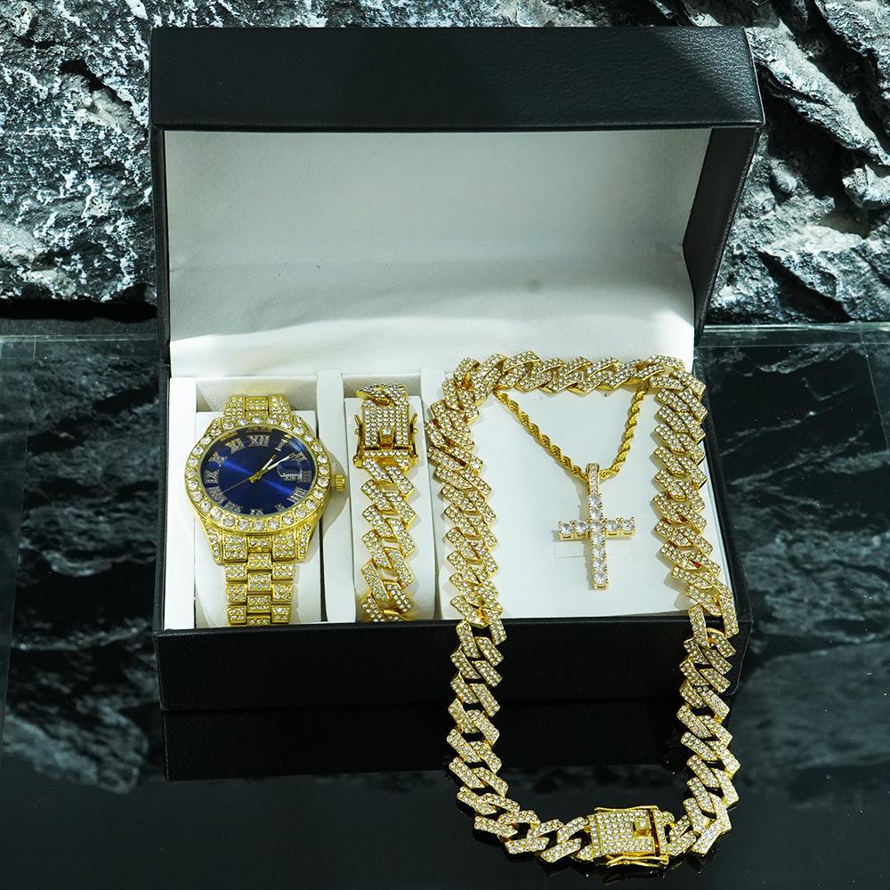 Zinc Alloy Men s Watch Simple Zircon Cross Pendant Cuban Chain Necklace Bracelet Set