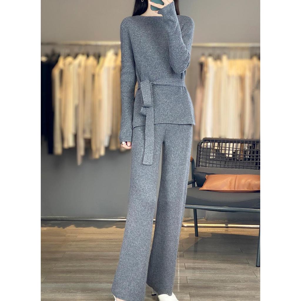 Chic Autumn/Winter Cashmere Two-Piece Set: Women's Loose Knit Sweater & Wide-Leg Tie-Waist Pants