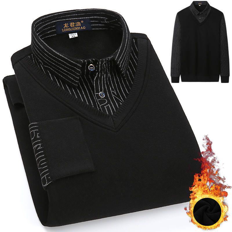 

Мужской свитер крупной вязки с воротником-рубашкой «два в одном», на флисовой подкладке, толстый теплый зимний топ со стойкой 2XL for 70-80 kg