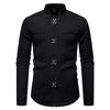 Men's Casual Solid-color Long-sleeved Shirt, Men's Slanted Front Button-down Stand-up Collar Shirt