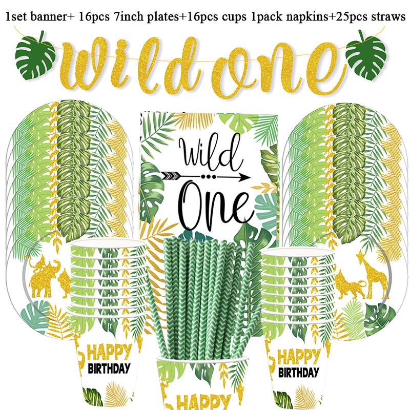 Safari Party Tableware Set Birthday Party Decoration Kids Plate Cups Hats Tablecloth Straw Animal Jungle Birthday Decor Supplies