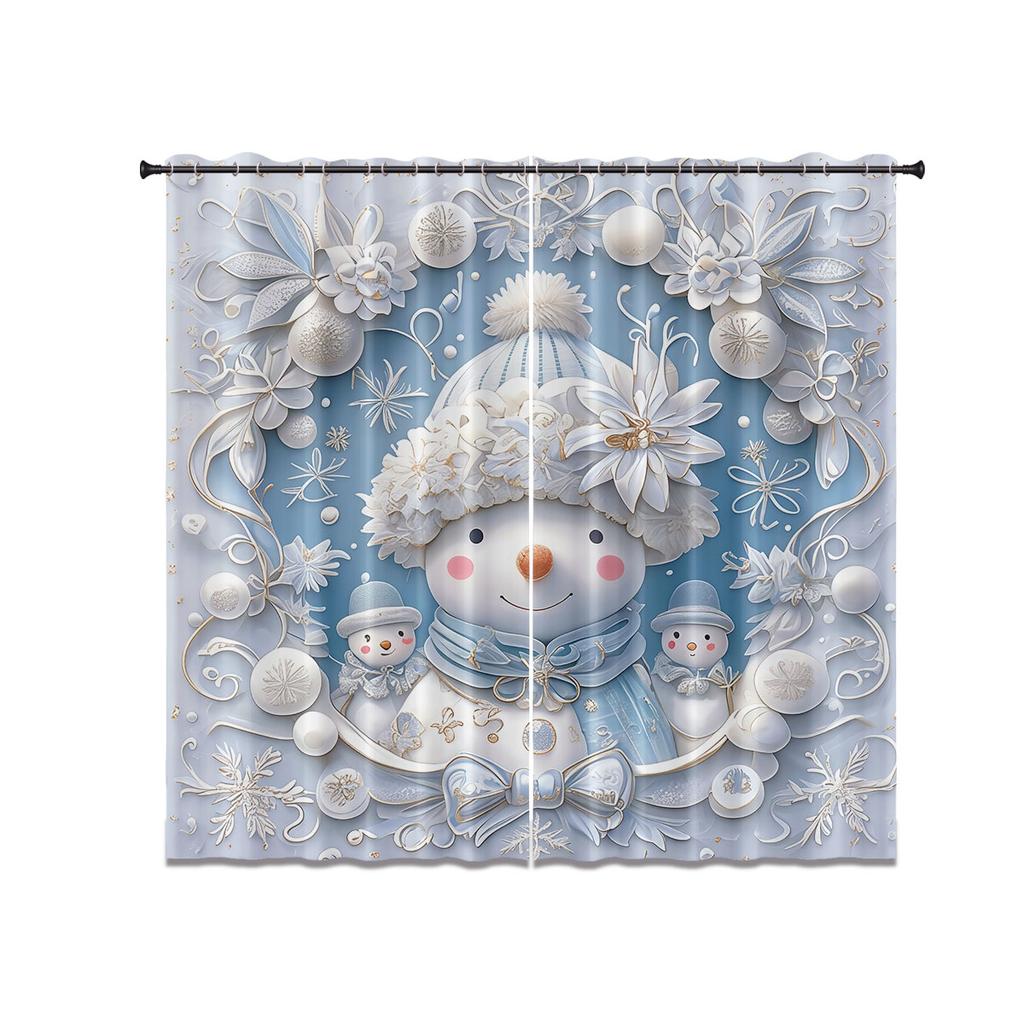 2Pcs Imitation Relief Christmas Snowman Print Blackout Curtain Multi Size Living Room Insulation Decoration Machine Washable