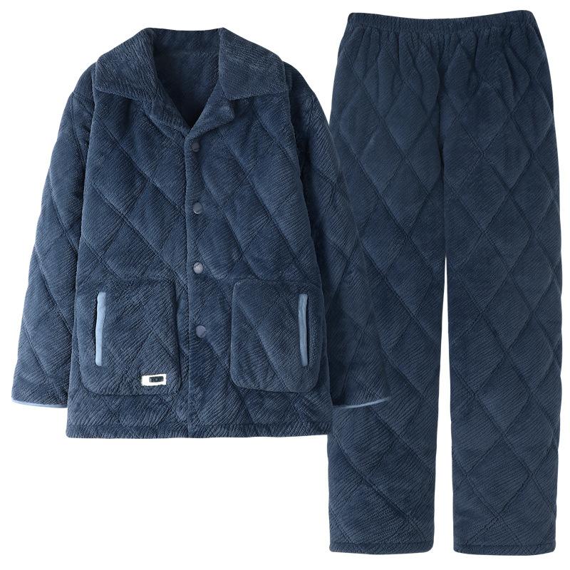 Herbst und Winter Herren Schlafanzug Dreilagig Gepolstert Korallenfleece Winter Verdickt Fleece Warm Flanell Hausanzug Set