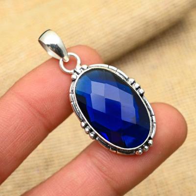 Blue Sapphire Lab-Created Gemstone Handmade 925 Solid Sterling Silver Jewelry Pendant