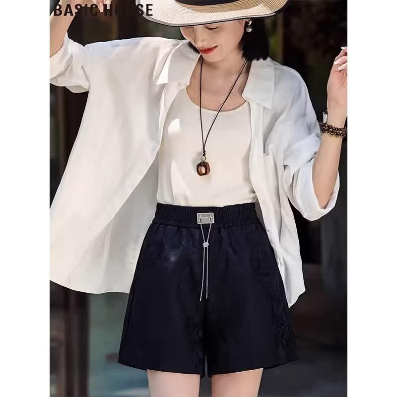 Basic House Women s Ice Silk High-Waist Wide-Leg Shorts XL