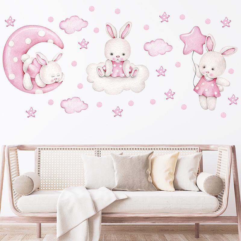 Cartoon Cute Pink Bunny Wall Stickers Girlish Style Girl Children's Room Kindergarten Self-adhesive Decoration Beautification
