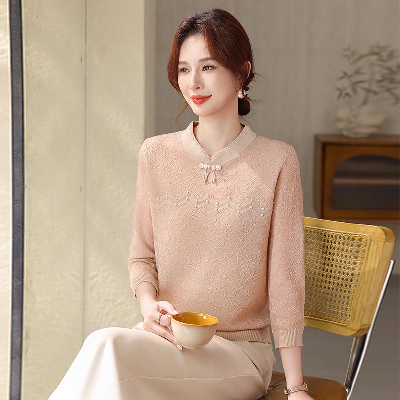 

Women s 2026 Stylish Embroidered Knit Sweater - Mom s Spring Chinese-Inspired Layer for Mid-Aged & Elderly 4XL (Recommended for 140-160 lbs) хаки