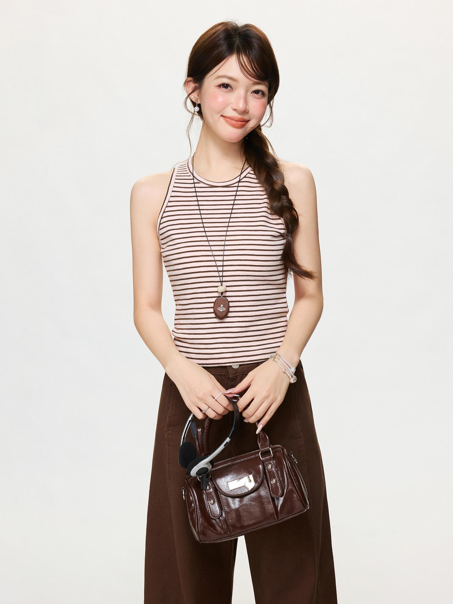 Korean Sweet Spice Girl Pink Striped Suspender Vest Women s Spring and Summer Inner Wear Slim Fit Waist Sleeveless Top S