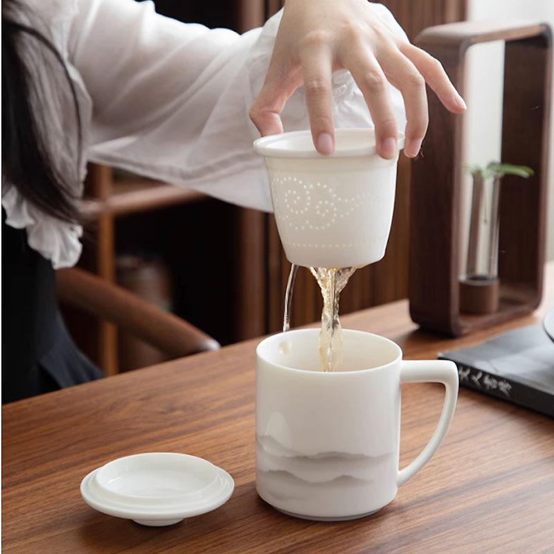 Mutton fat jade tea cup, tea-water separation ceramic office cup with lid for brewing and filtering, designed for men and women