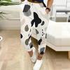 Women Plus Size White Abstract Printed Jogger Pants Drawstring Waist Side Pockets Cuffed Ankle
