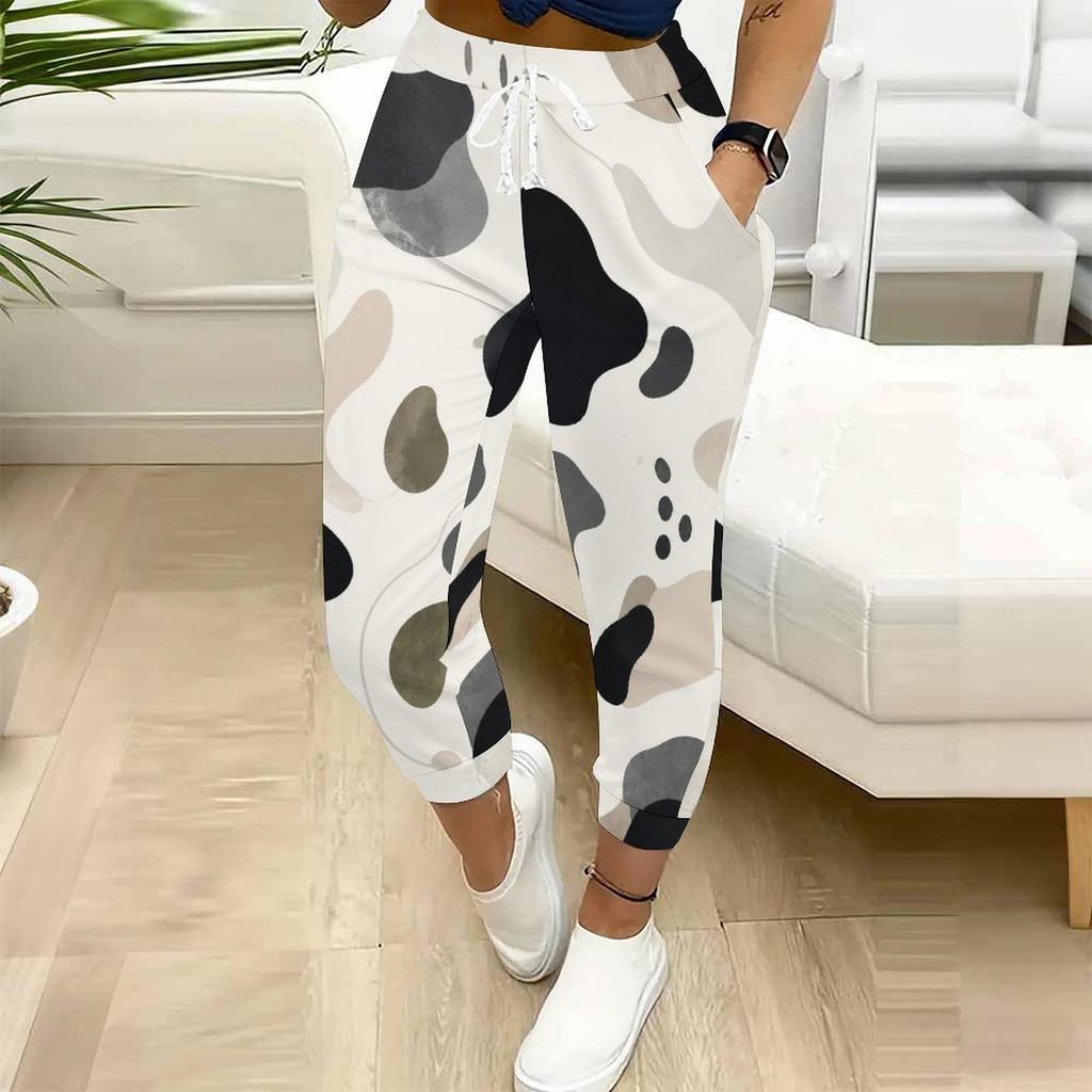 Women Plus Size White Abstract Printed Jogger Pants Drawstring Waist Side Pockets Cuffed Ankle