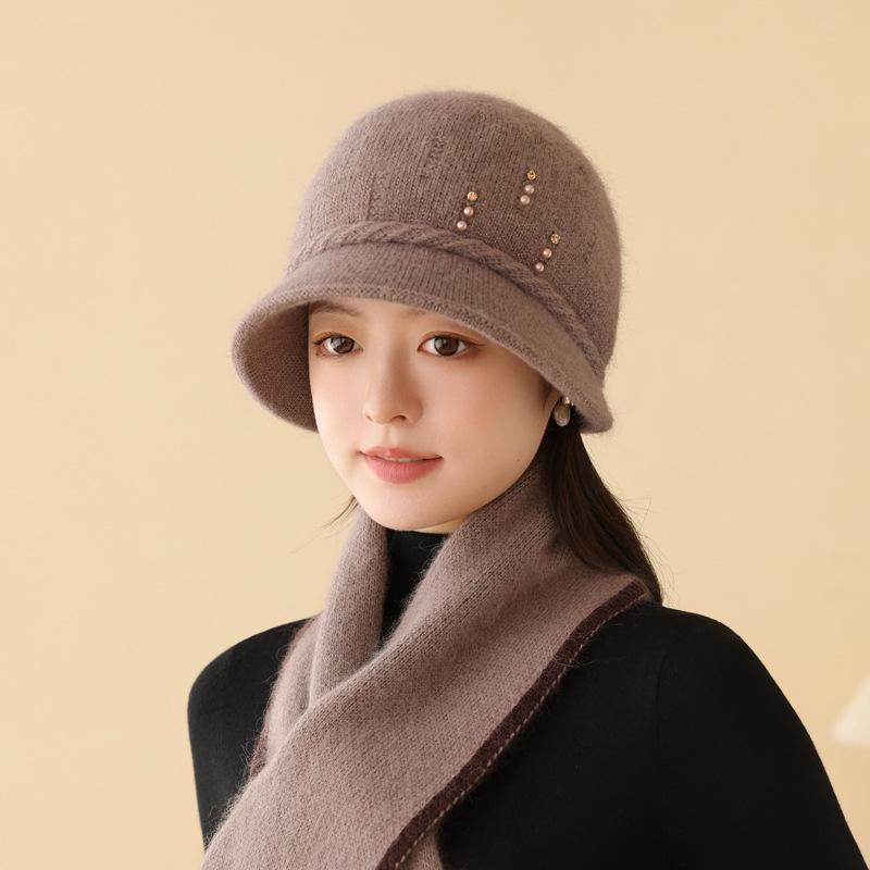 Hat Women'S Middle-Aged And Elderly Knitted Hat Rabbit Fur Velvet Warm Pullover Hat Autumn And Winter Cold-Proof Mother Hat Fashion Shows Small Face