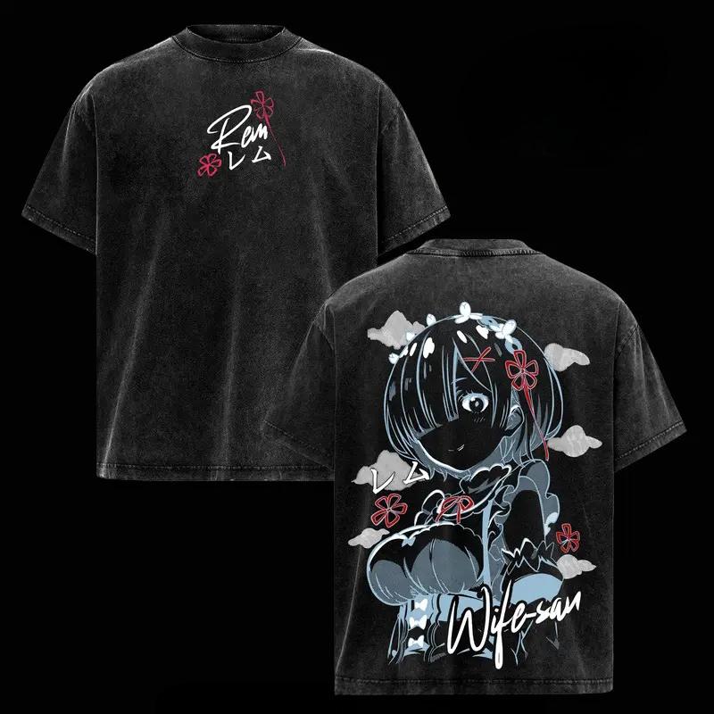 

Re ZERO Starting Life In Another World Rem Printed Tee Men Women Retro Washed T-shirts Oversized Cotton T Shirt Harajuku Tshirt XXL чорний