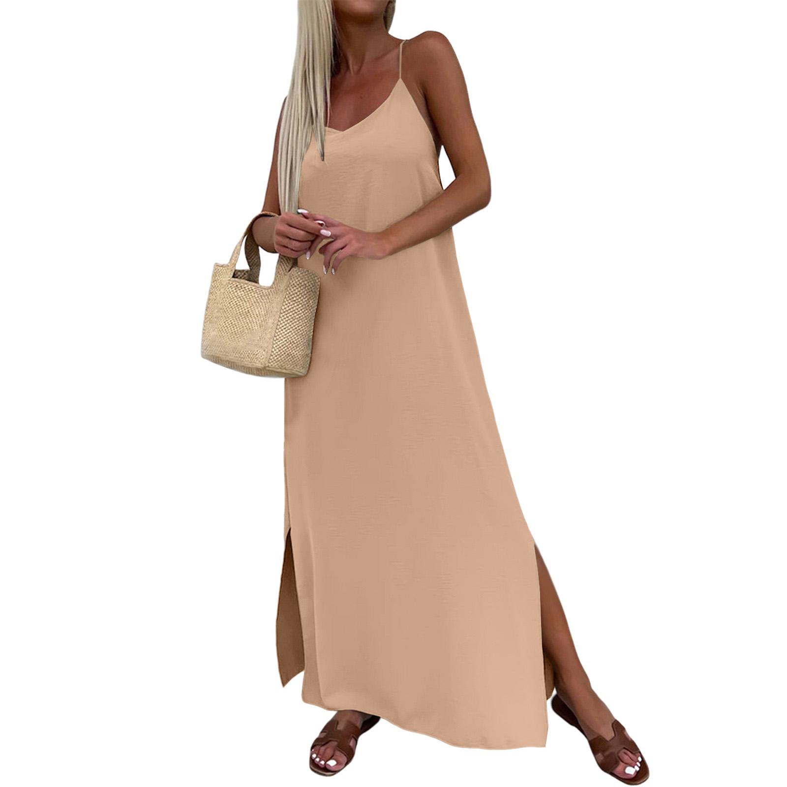 

Женское модное повседневное свободное платье с разрезом и подтяжками S верблюд