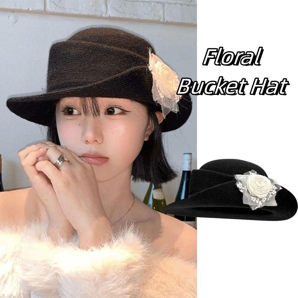 Floral Black Knitted Hat Lace Women Fisherman Hat Fashion Hepburn Style Topper Hat  Wedding