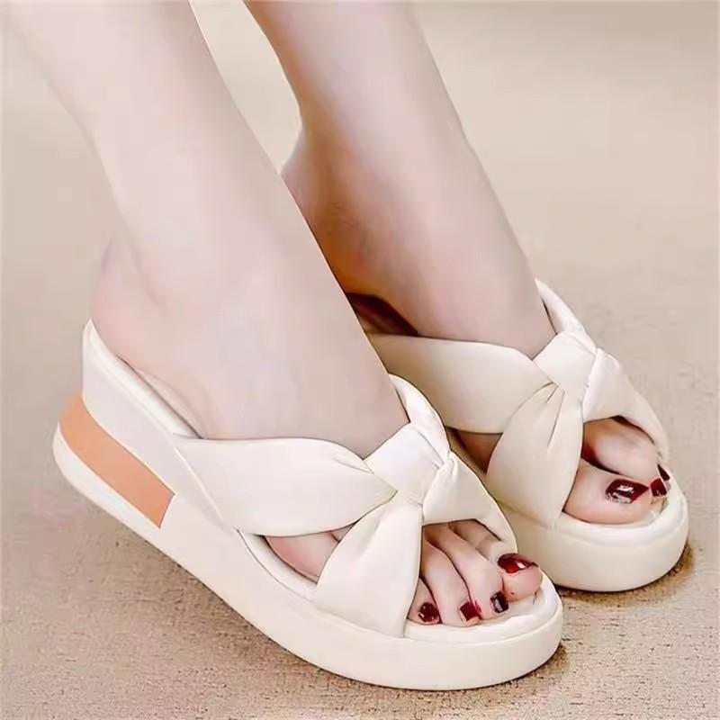 Summer fashion outer wear women's slippers high heel new soft leather bow wedge heel women's fashion cool slippers