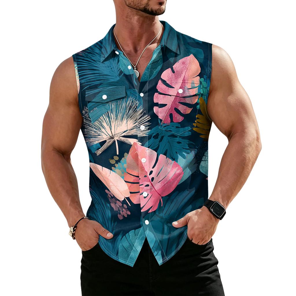 Men's Workwear Lapel Button-Down Vest Shirt - Lightweight Sleeveless Top