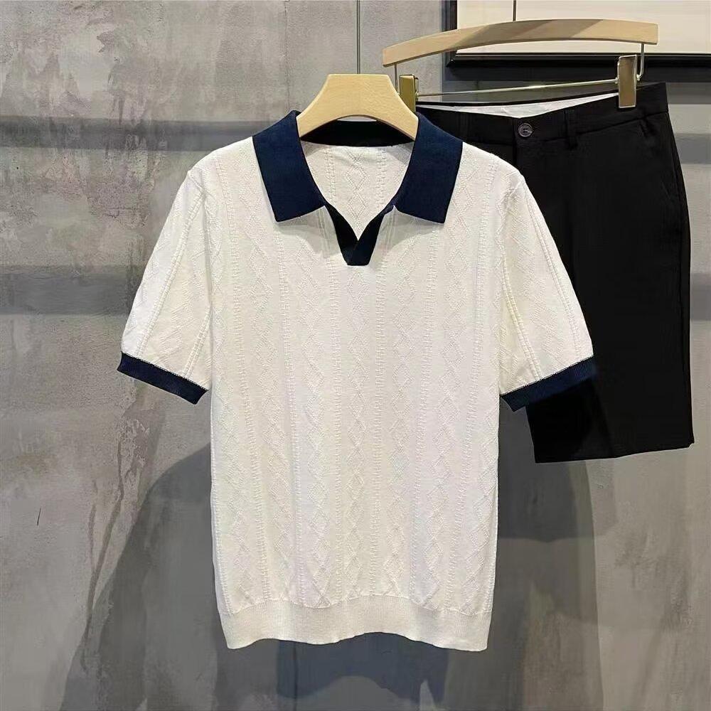 Men's Summer Knitted Slim Fit Polo Shirt - Korean Style, Short-Sleeve, Pure Color, Ice Silk with Casual Lapel