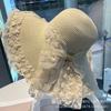 Cappello di paglia con fiocco in pizzo da donna, cappello parasole estivo per vacanze al mare, cappello parasole francese a tesa larga
