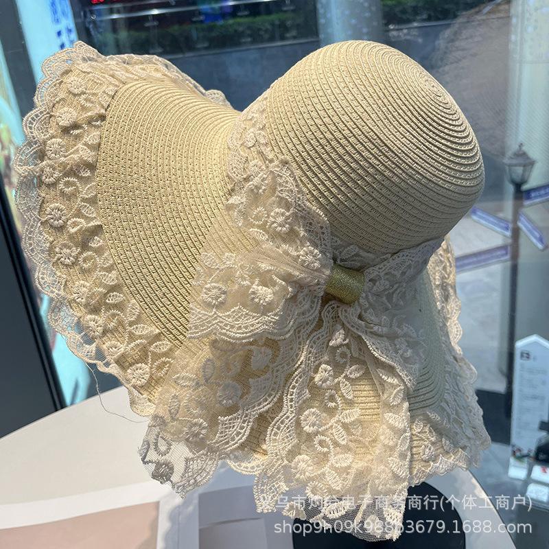 Cappello di paglia con fiocco in pizzo da donna, cappello parasole estivo per vacanze al mare, cappello parasole francese a tesa larga