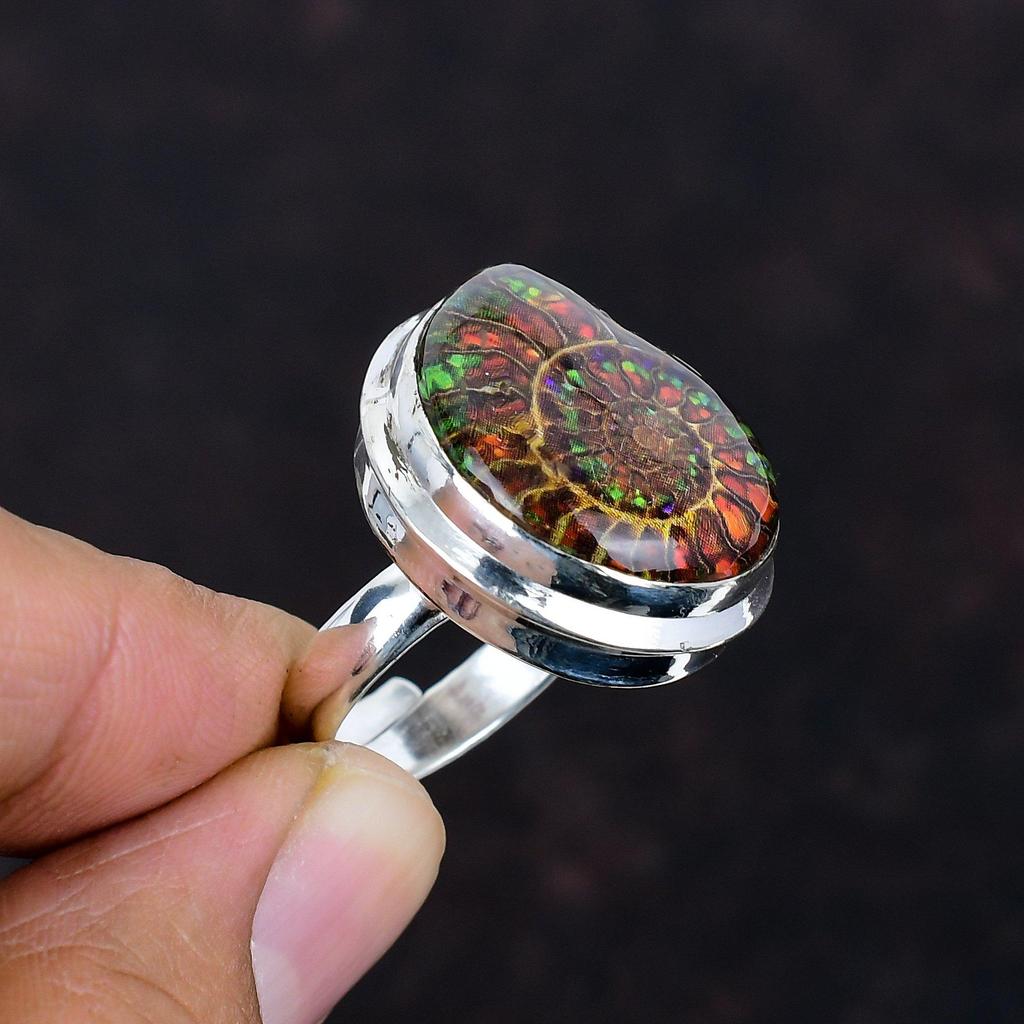 Ammolite In Ammonite Fossil Ring 925 Sterling Silver Ring Adjustable Ring Handmade Jewelry Beautiful Gemstone Ring Engagement Gifts for Wife